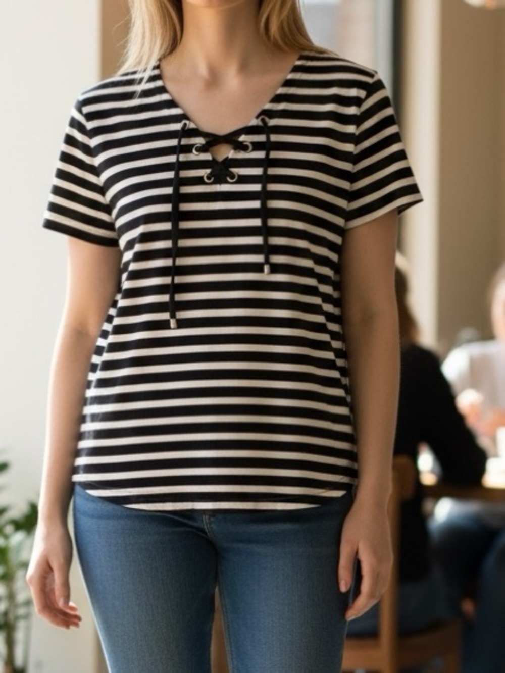 Carmen Marc Valvo Black White Stripe Lace Up Short Sleeve Top Small NWT